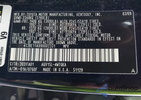 2009 Toyota Venza from USA, damaged, VIN 4T3BE11A99U002331